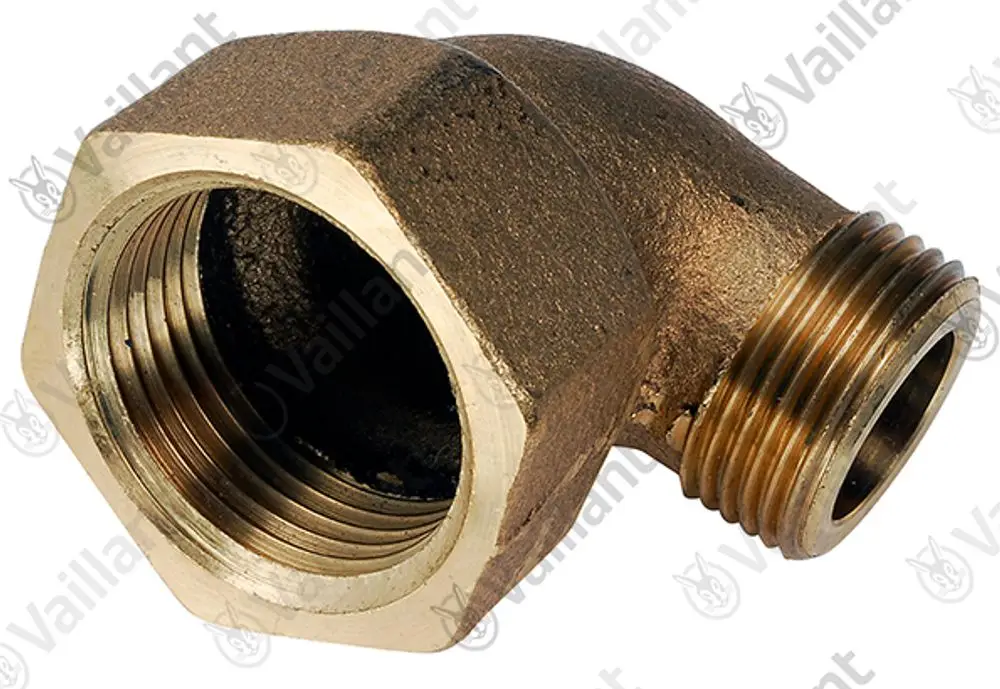 Vaillant Rohrwinkel mit Innen- und Außengewinde, in metallischer Ausführung, zur Verbindung von Rohrleitungen in Heizungsanlagen.